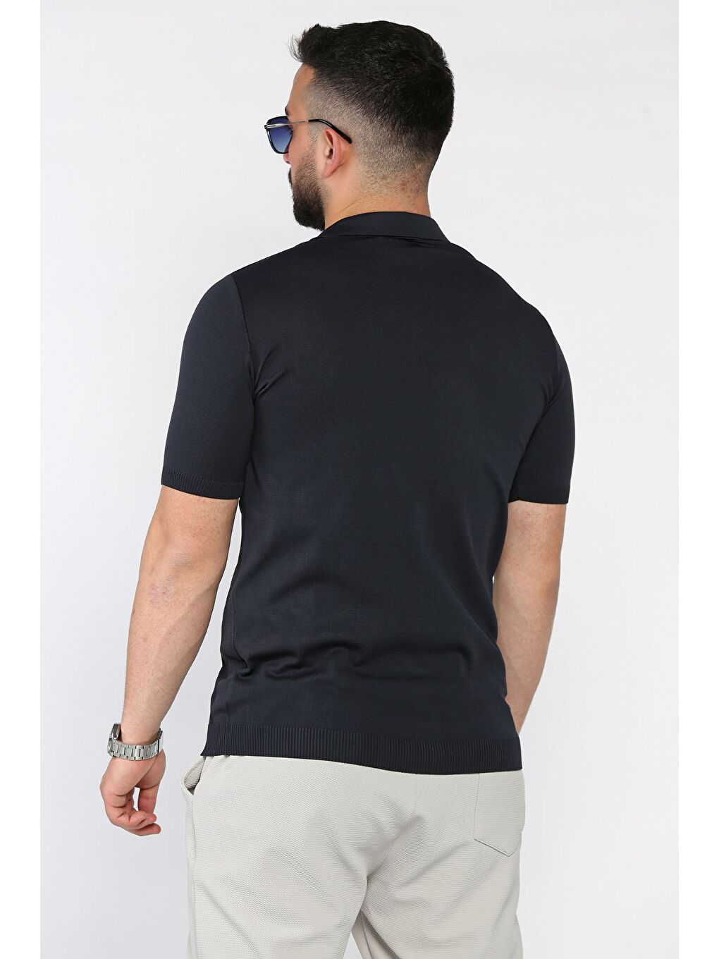 Lacivert Erkek Desenli Kısa Kol Triko Gömlek-2