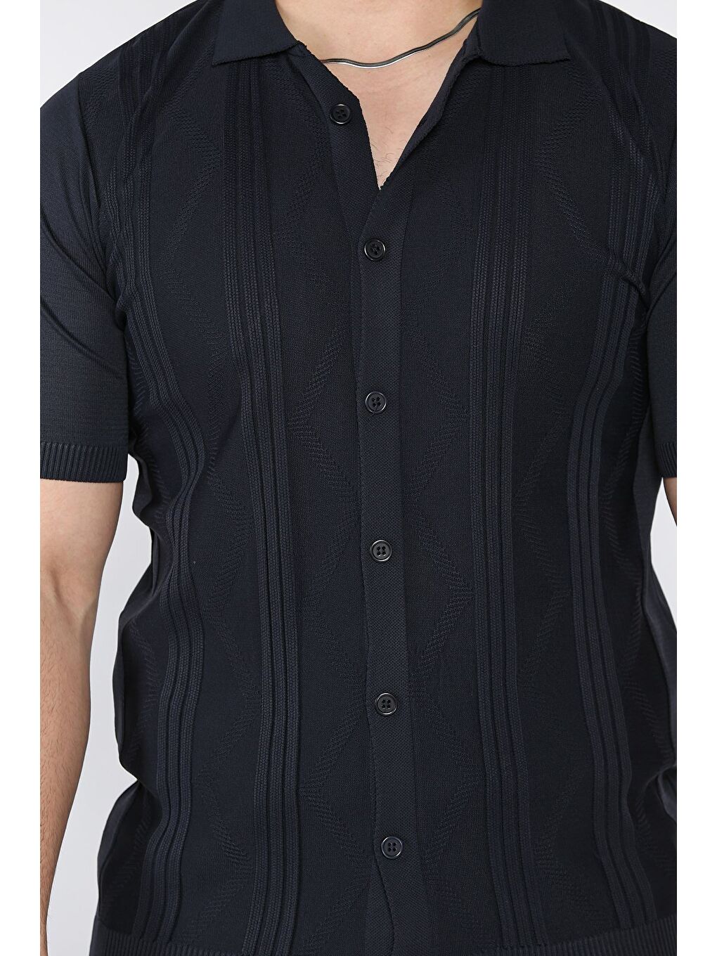 Lacivert Erkek Desenli Kısa Kol Triko Gömlek-3