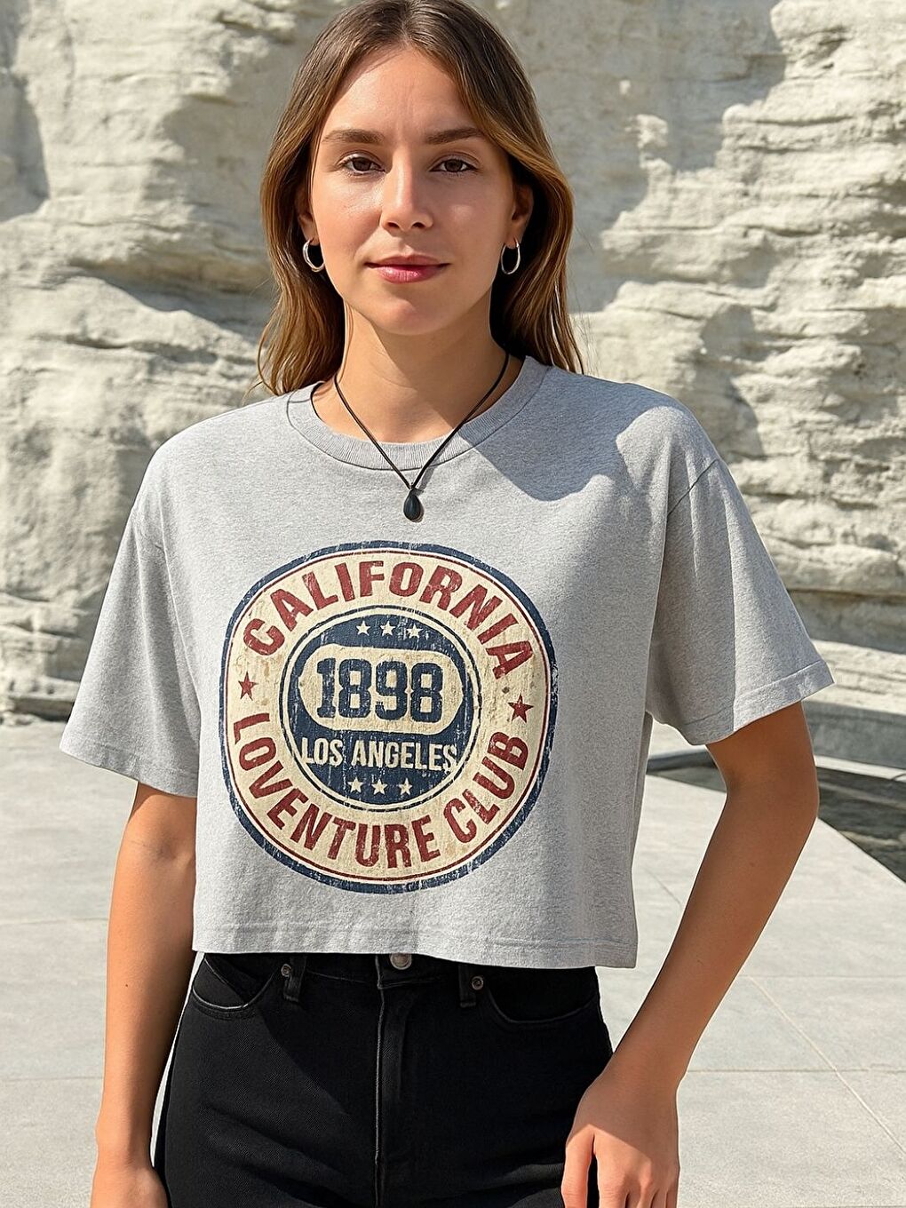 Kadın Gri Bisiklet Yaka California Baskılı Crop T Shirt