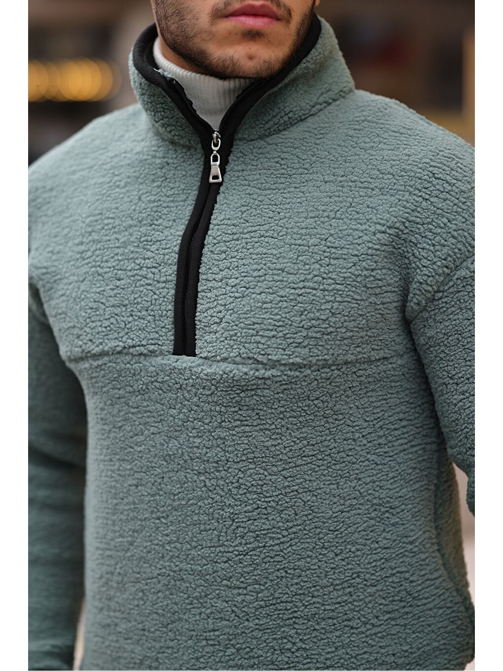 Turkuaz Yarım Fermuarlı Pelüş Sweatshirt-1