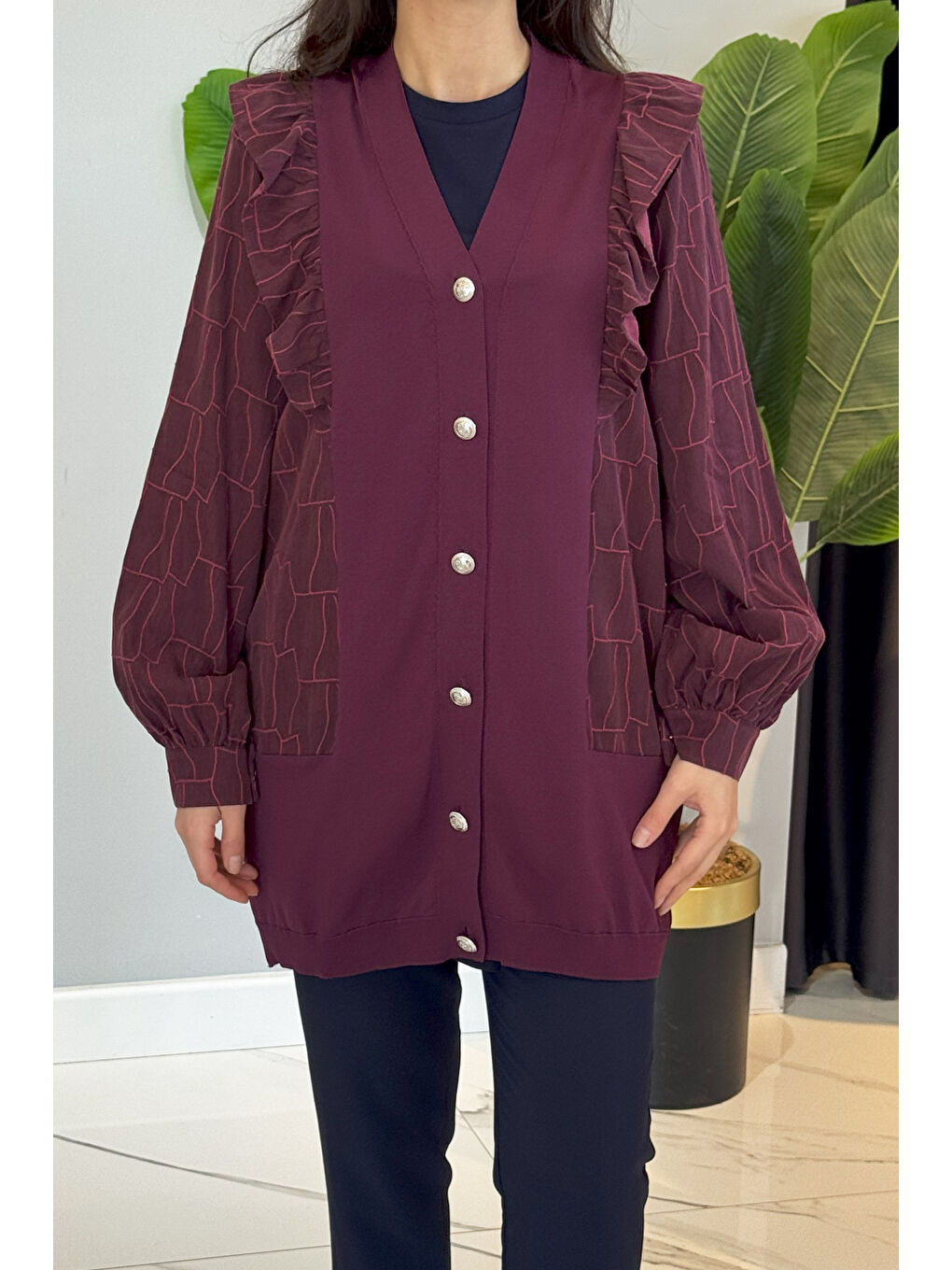 Fırfır Detay Önü Düğmeli Hırka 6051 Bordo-4