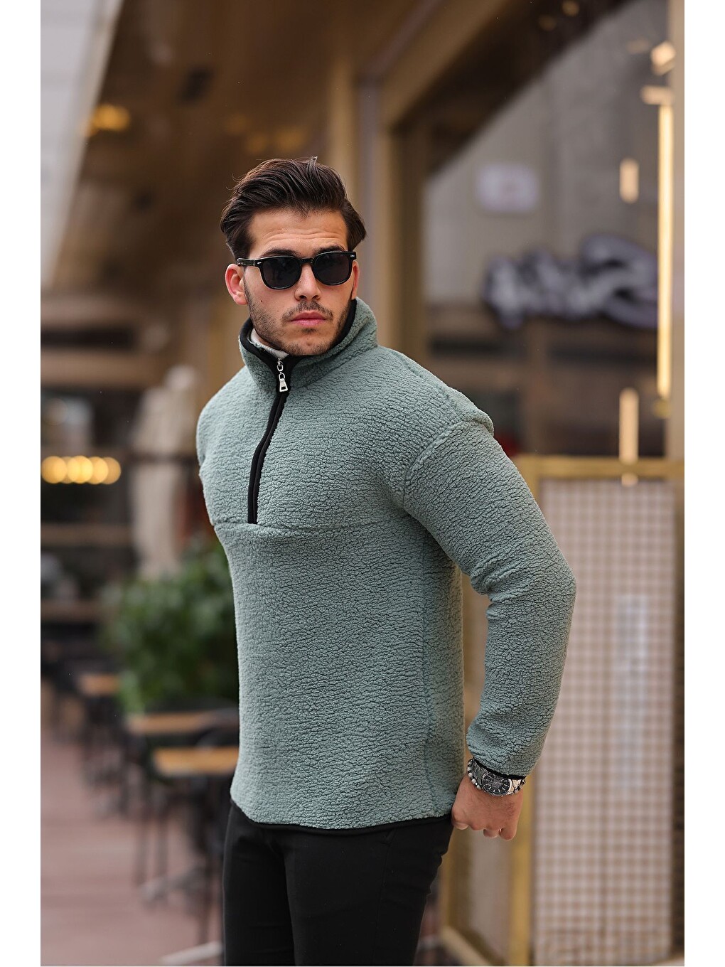 Turkuaz Yarım Fermuarlı Pelüş Sweatshirt-2