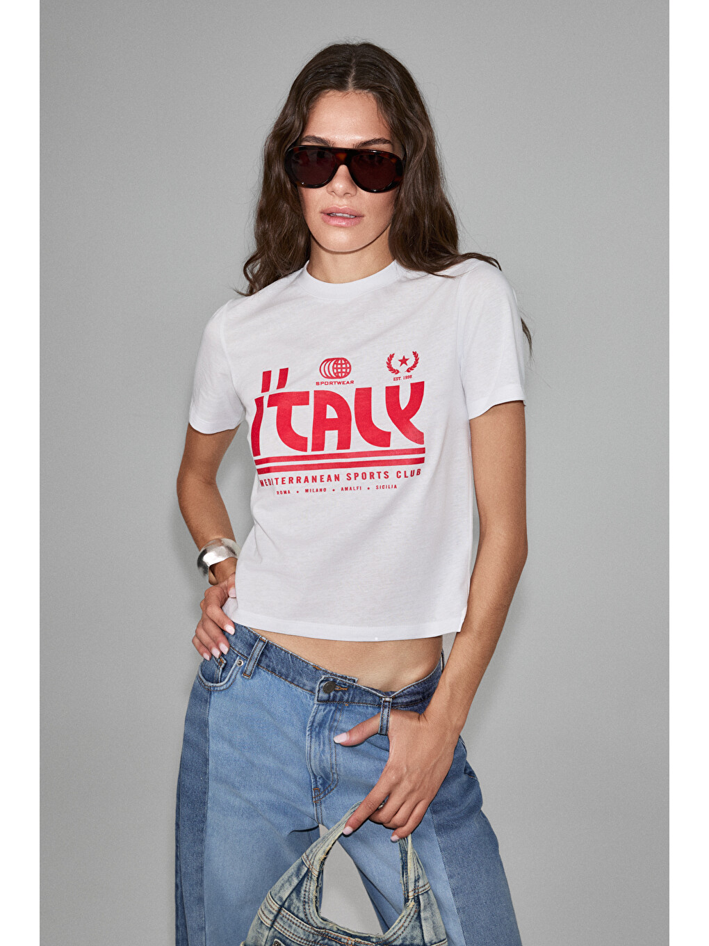 Algher Kadın Baskı Desenli Kısa Kollu Organik Pamuklu Bisiklet Yaka Crop Beyaz T-shirt-1