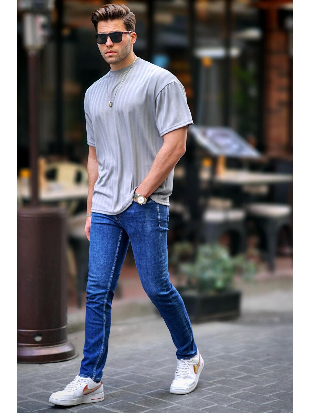 Boyalı Gri Erkek Çizgili Oversize Tişört 6198