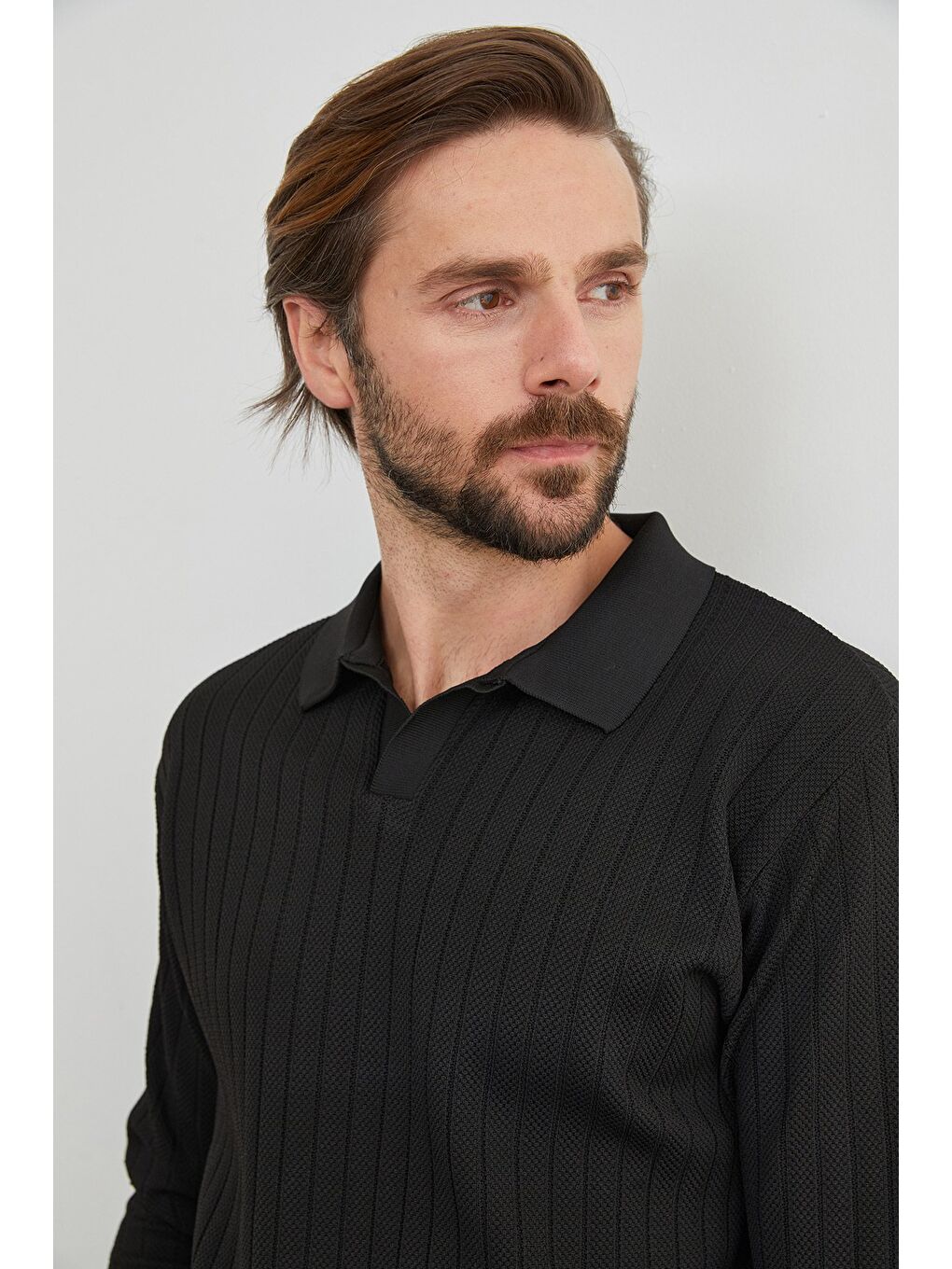 Siyah Basic Polo Yaka Triko Kazak-1