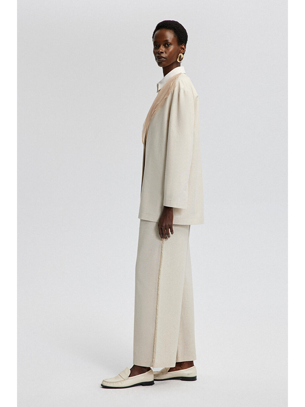 Ekru Yakası Organze Keten Ceket-3