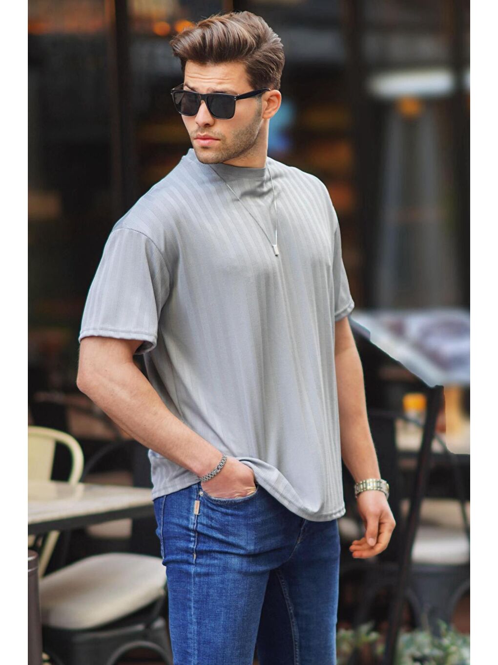 Boyalı Gri Erkek Çizgili Oversize Tişört 6198-1