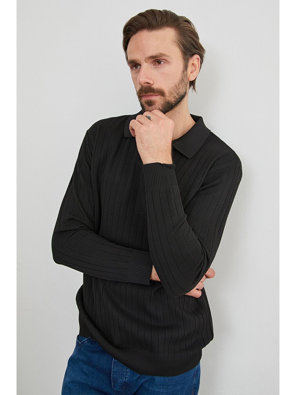 Siyah Basic Polo Yaka Triko Kazak-2