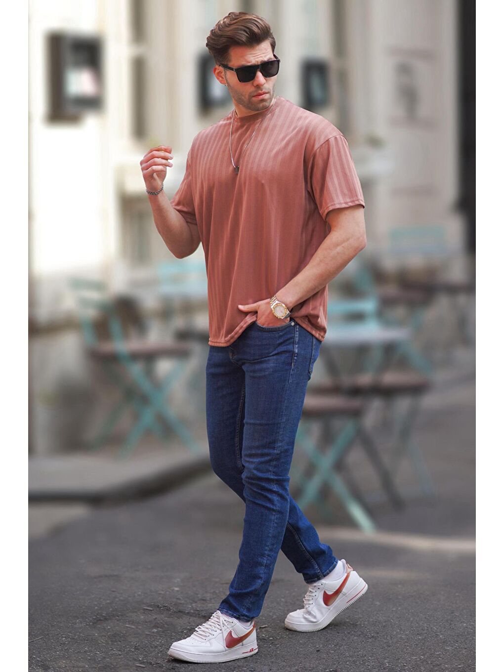 Pembe Gül Kurusu Erkek Çizgili Oversize Tişört 6198