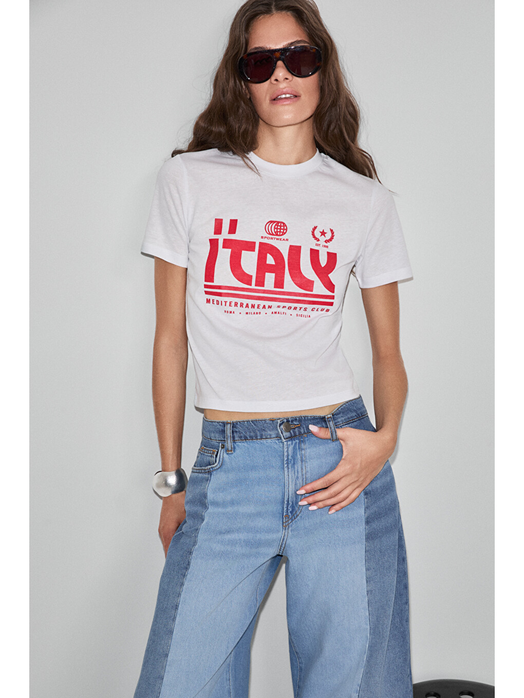 Algher Kadın Baskı Desenli Kısa Kollu Organik Pamuklu Bisiklet Yaka Crop Beyaz T-shirt-2
