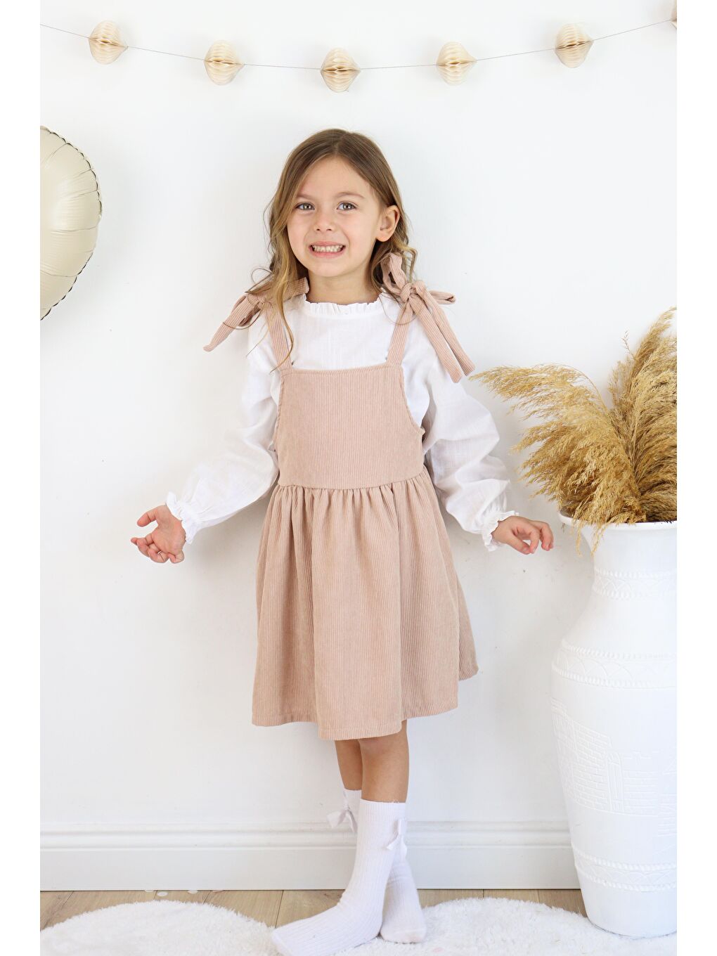 Bej Fitilli Kadife Elbise İkili Takım-1