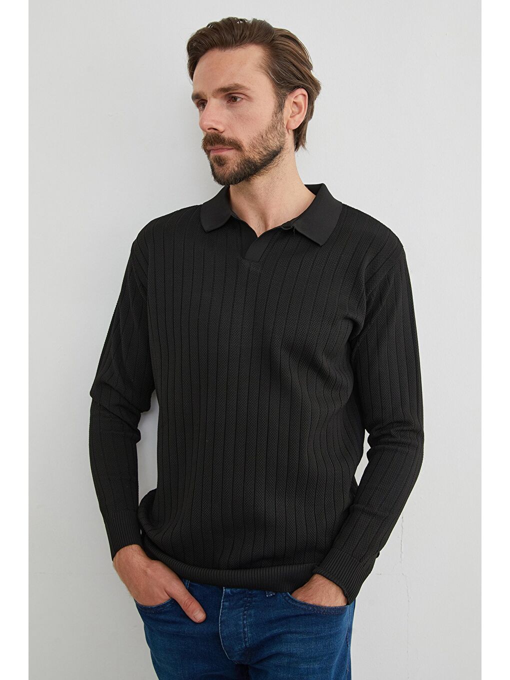 Siyah Basic Polo Yaka Triko Kazak-3