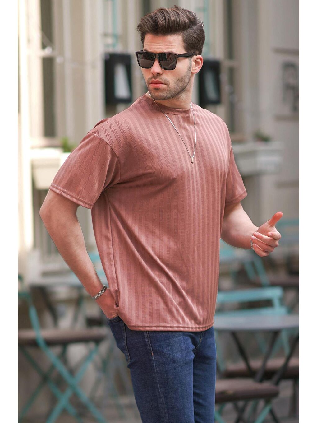 Pembe Gül Kurusu Erkek Çizgili Oversize Tişört 6198-1