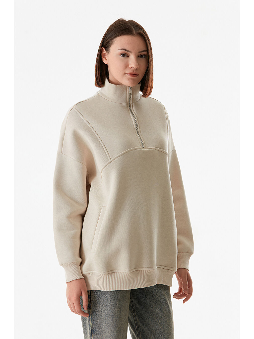 Fullamoda Bej Basic Yarım Fermuarlı Cepli Sweatshirt