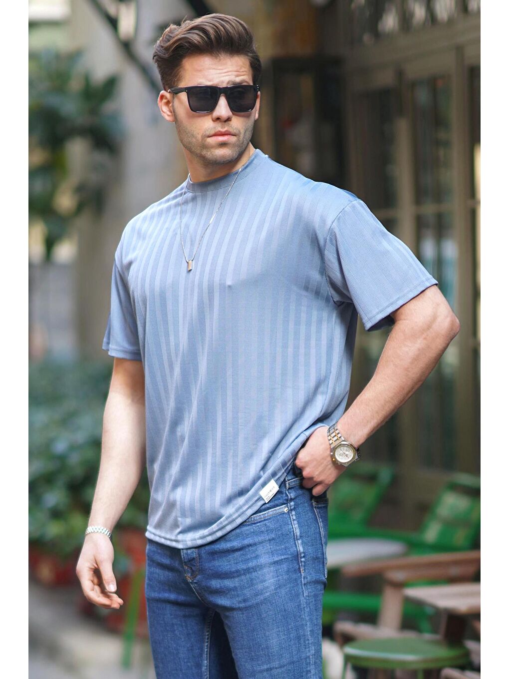 Mavi Erkek Çizgili Oversize Tişört 6198