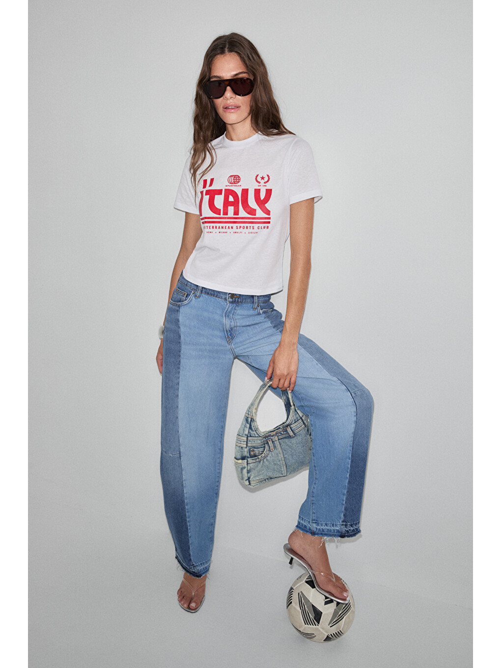Algher Kadın Baskı Desenli Kısa Kollu Organik Pamuklu Bisiklet Yaka Crop Beyaz T-shirt-3