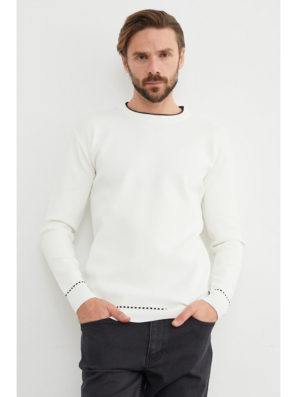 Beyaz Basic Çizgili Bisiklet Yaka Triko Kazak-2