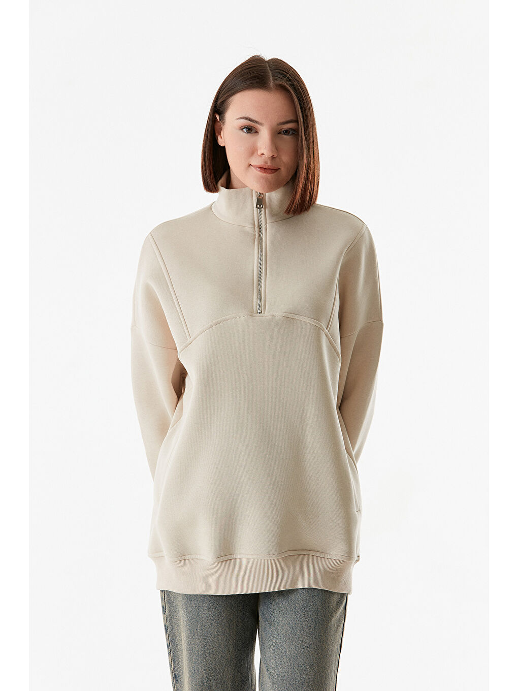 Fullamoda Bej Basic Yarım Fermuarlı Cepli Sweatshirt - 2