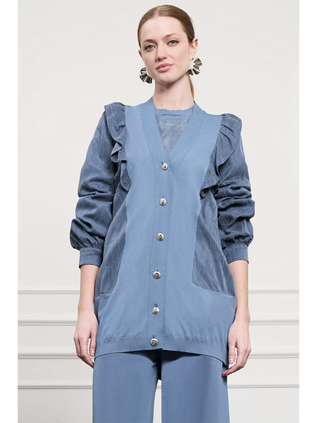 Fırfır Detay Önü Düğmeli Hırka 6051 Mavi