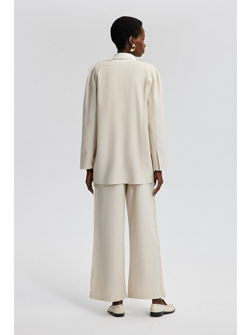 Ekru Yakası Organze Keten Ceket-4