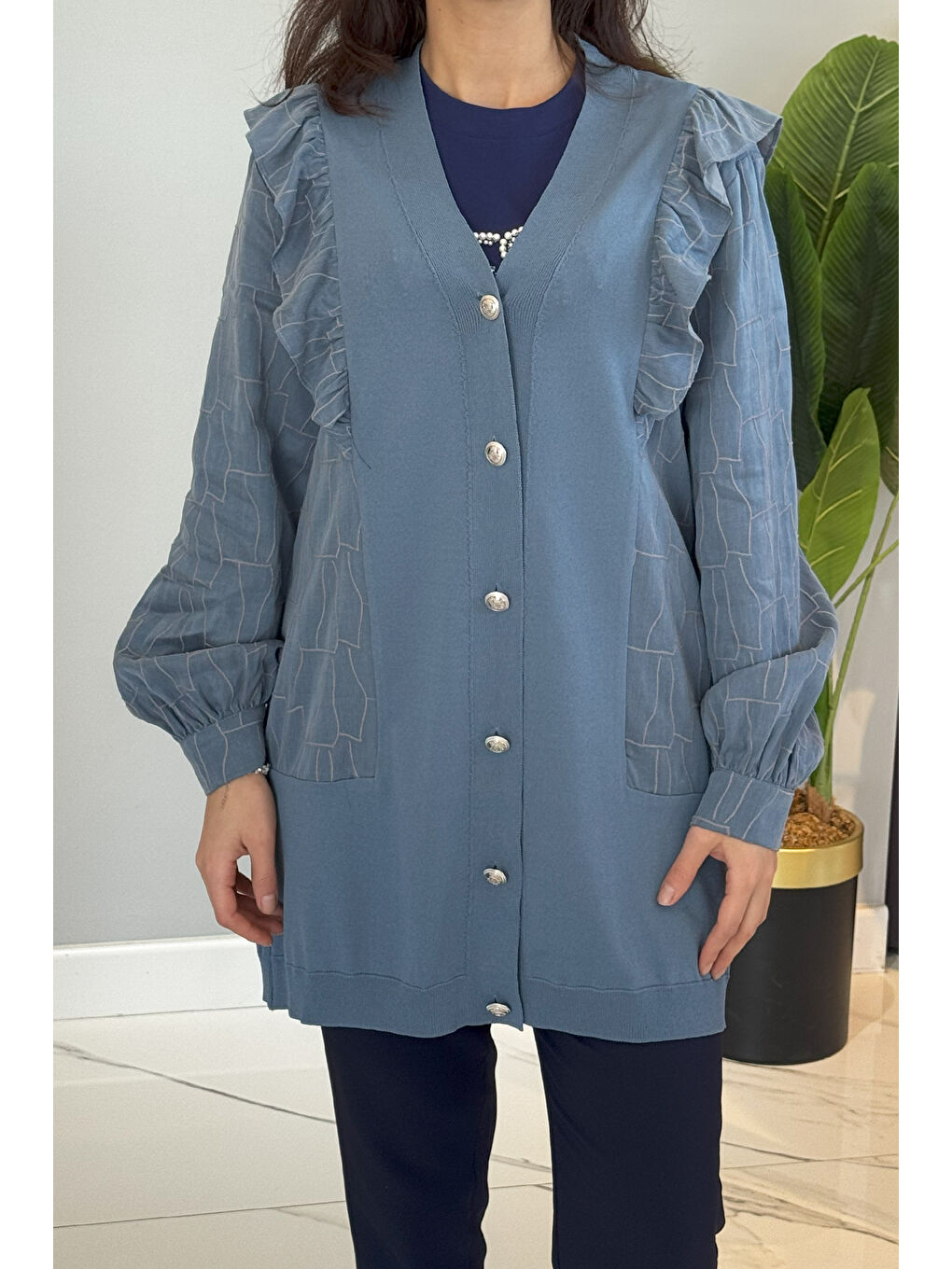 Fırfır Detay Önü Düğmeli Hırka 6051 Mavi-1