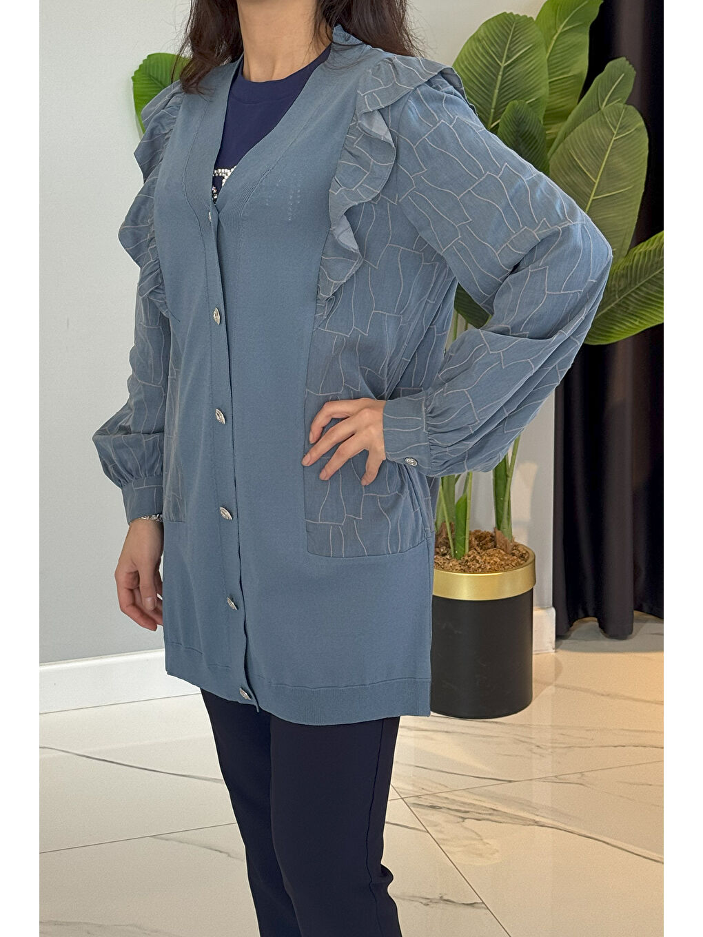 Fırfır Detay Önü Düğmeli Hırka 6051 Mavi-2