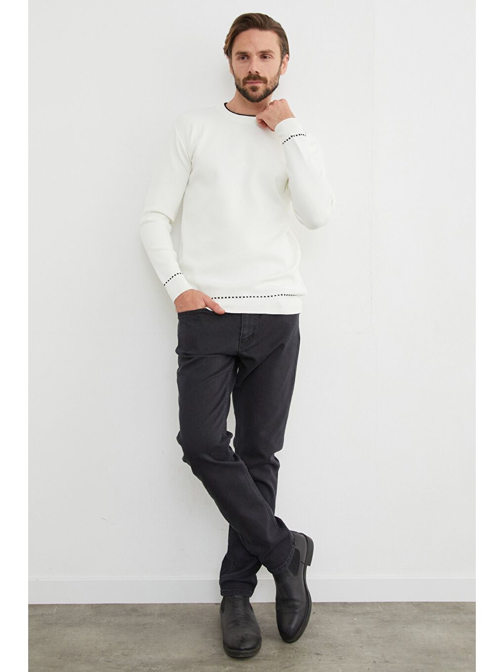 Beyaz Basic Çizgili Bisiklet Yaka Triko Kazak-3