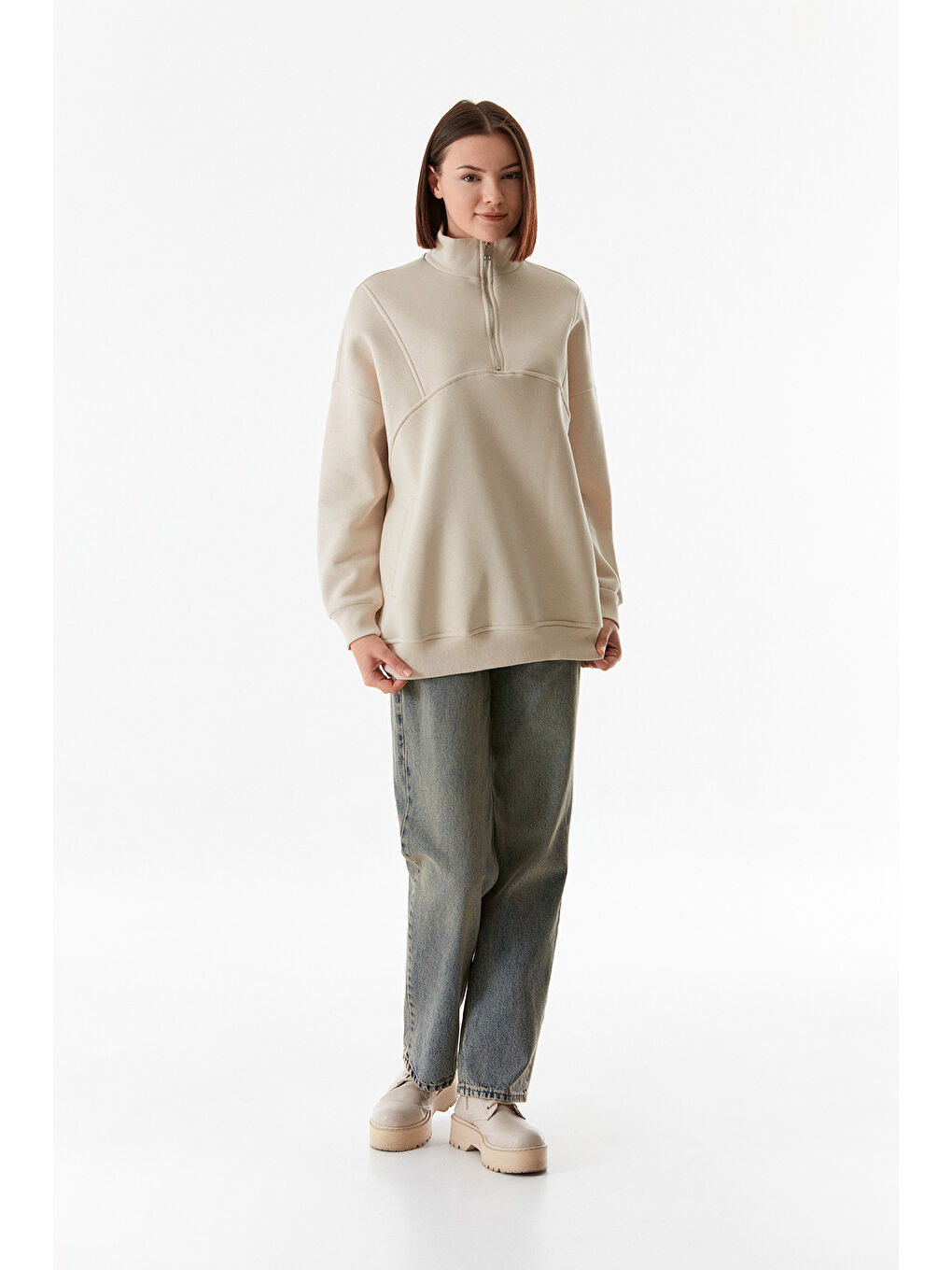 Fullamoda Bej Basic Yarım Fermuarlı Cepli Sweatshirt - 4