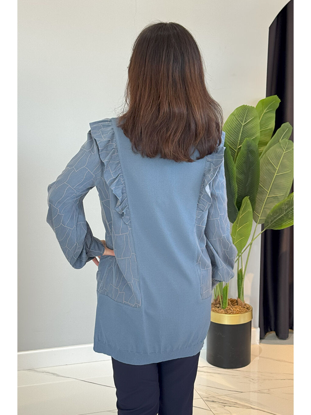 Fırfır Detay Önü Düğmeli Hırka 6051 Mavi-3