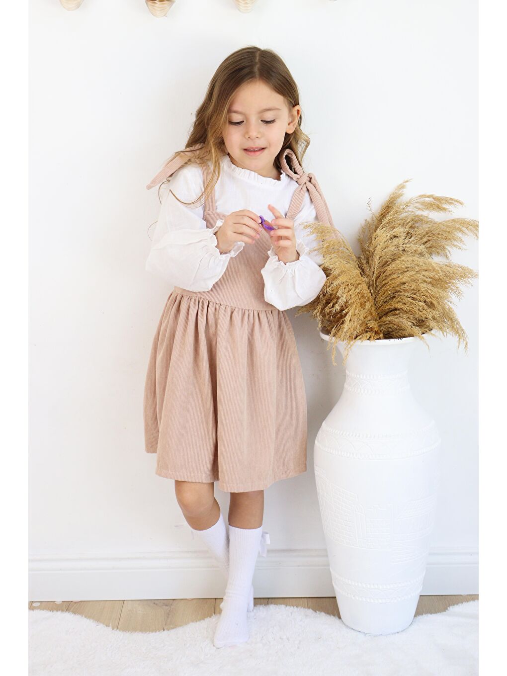 Bej Fitilli Kadife Elbise İkili Takım-2