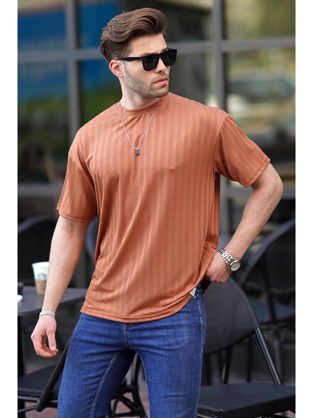 Kahverengi Kiremit Erkek Çizgili Oversize Tişört 6198-1