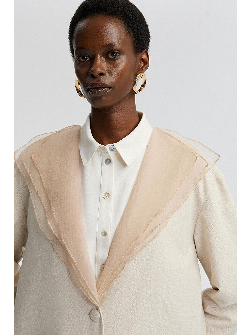 Ekru Yakası Organze Keten Ceket-5