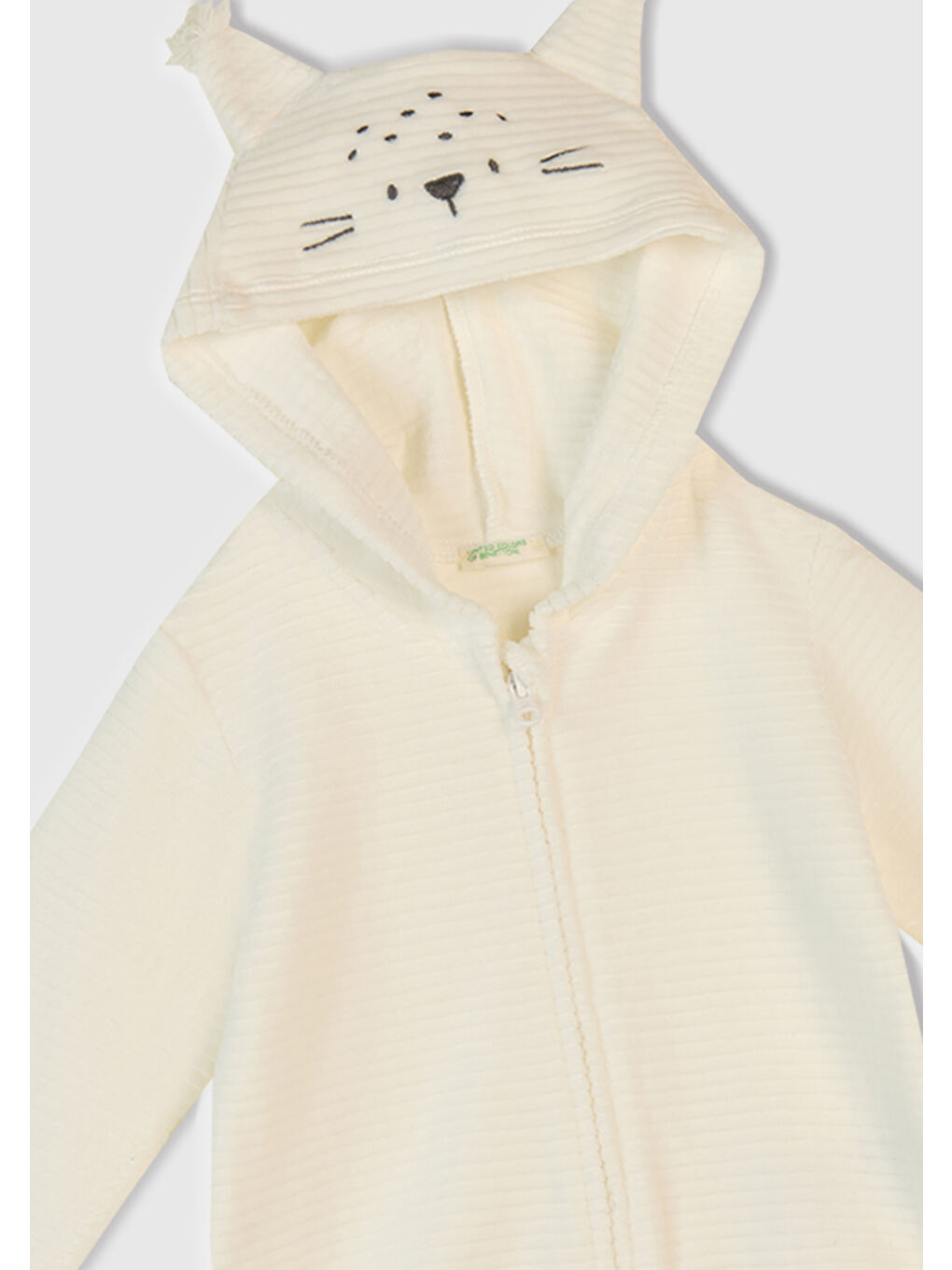 Bebek Ekru Nervür Desenli İşlemeli Kulaklı Kapüşonlu Sweatshirt-1