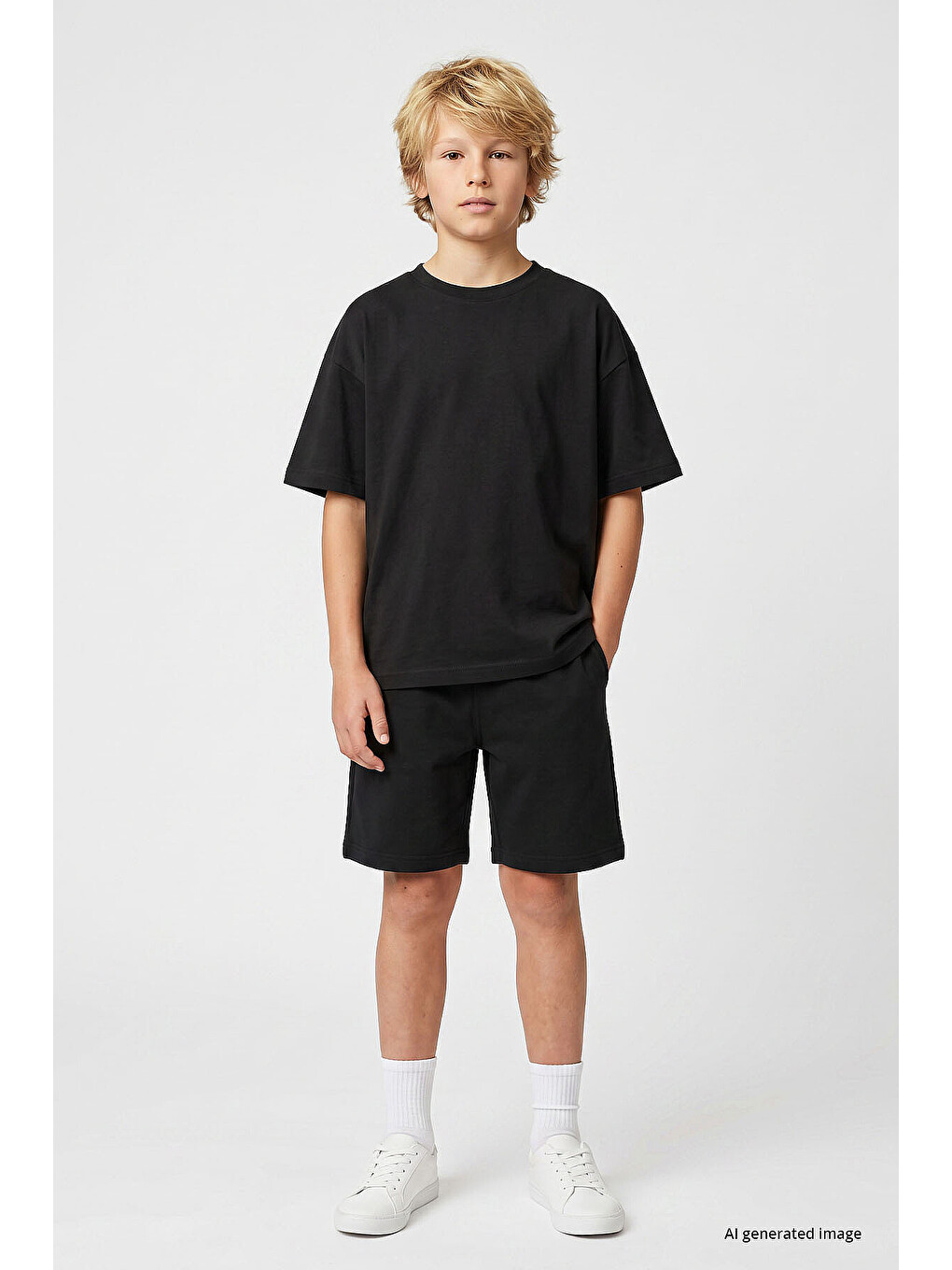 Siyah Oversize Fit Basic Erkek Çocuk Şort Takım - 11335