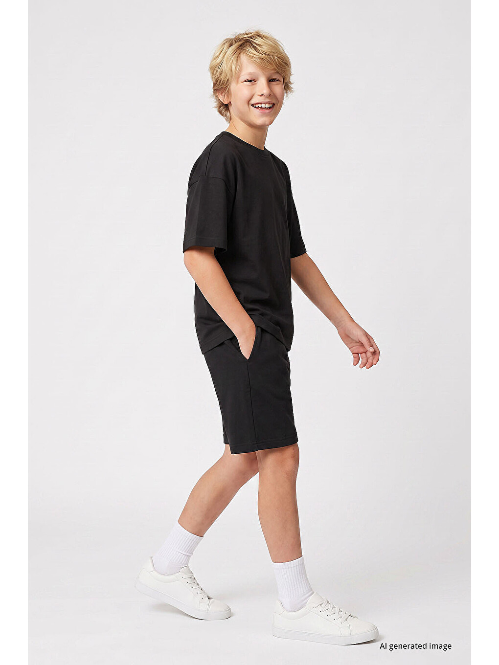 Siyah Oversize Fit Basic Erkek Çocuk Şort Takım - 11335-1