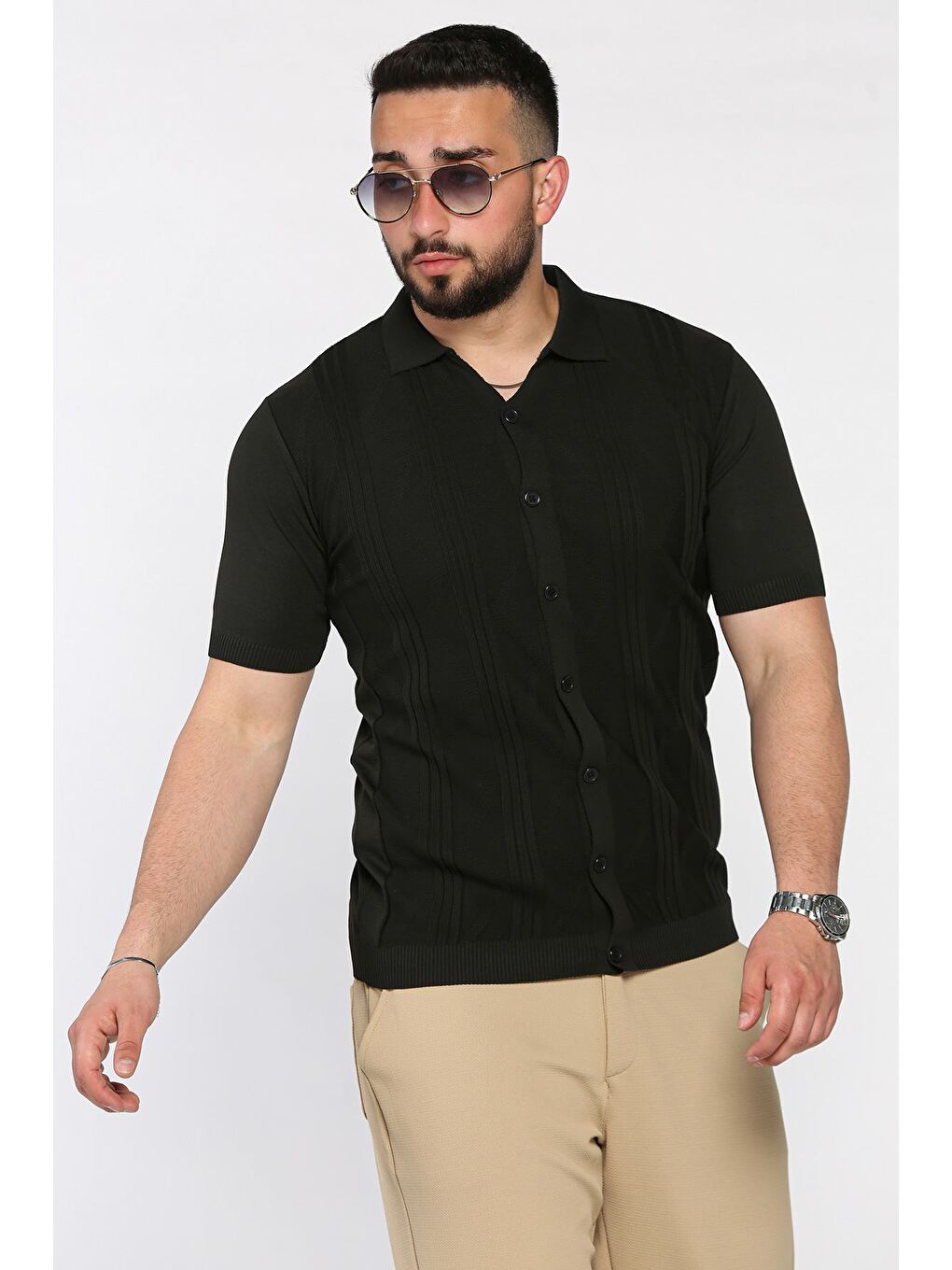 Siyah Erkek Desenli Kısa Kol Triko Gömlek-1