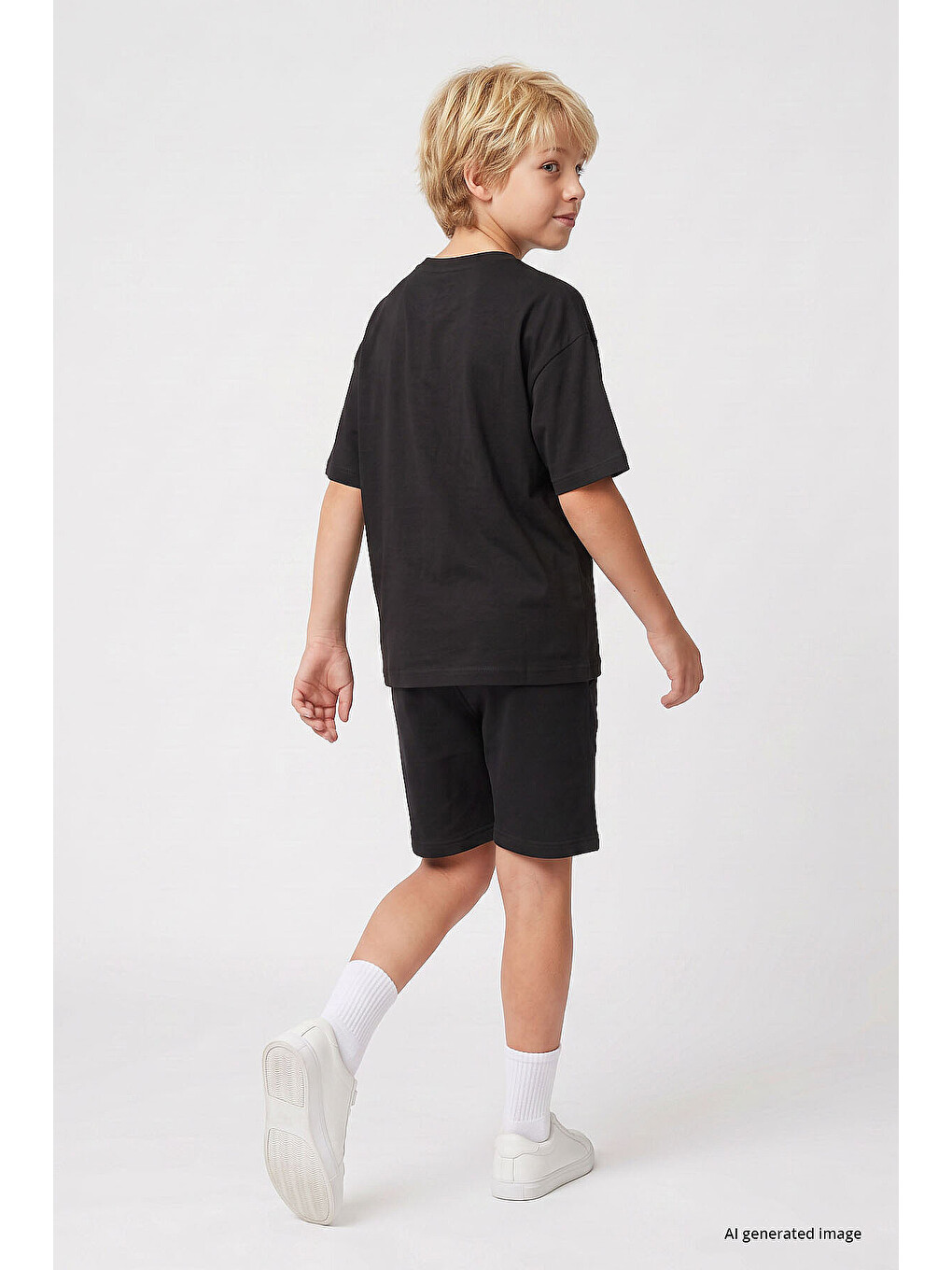 Siyah Oversize Fit Basic Erkek Çocuk Şort Takım - 11335-3