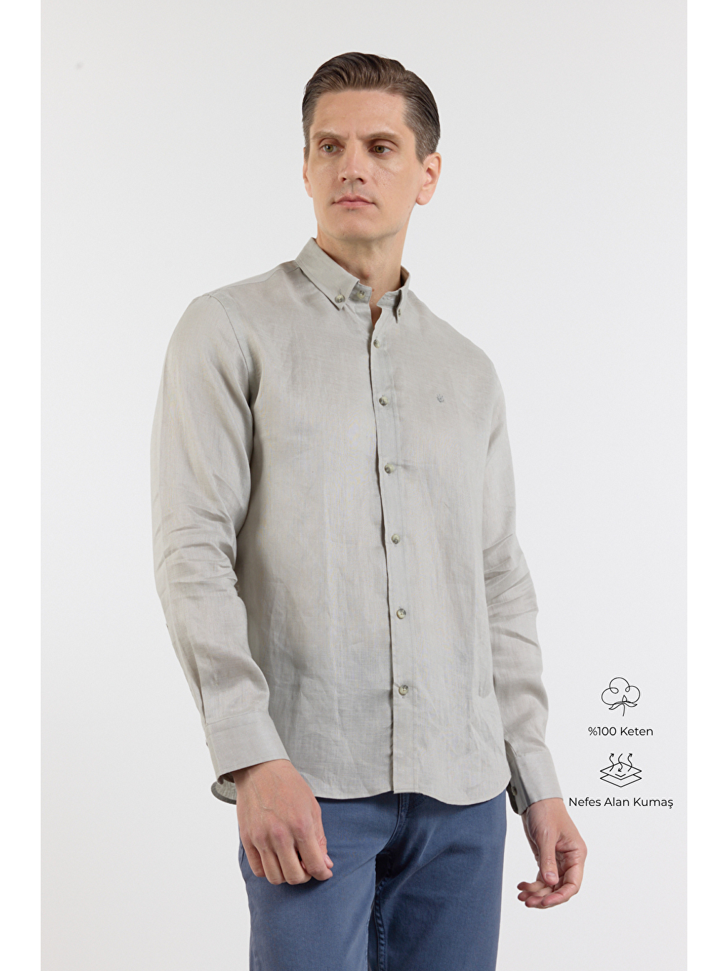 Bej Vizon Keten Düğmeli Yaka Uzun Kol Cepsiz Slim Fit %100 Keten Gömlek 1004260161
