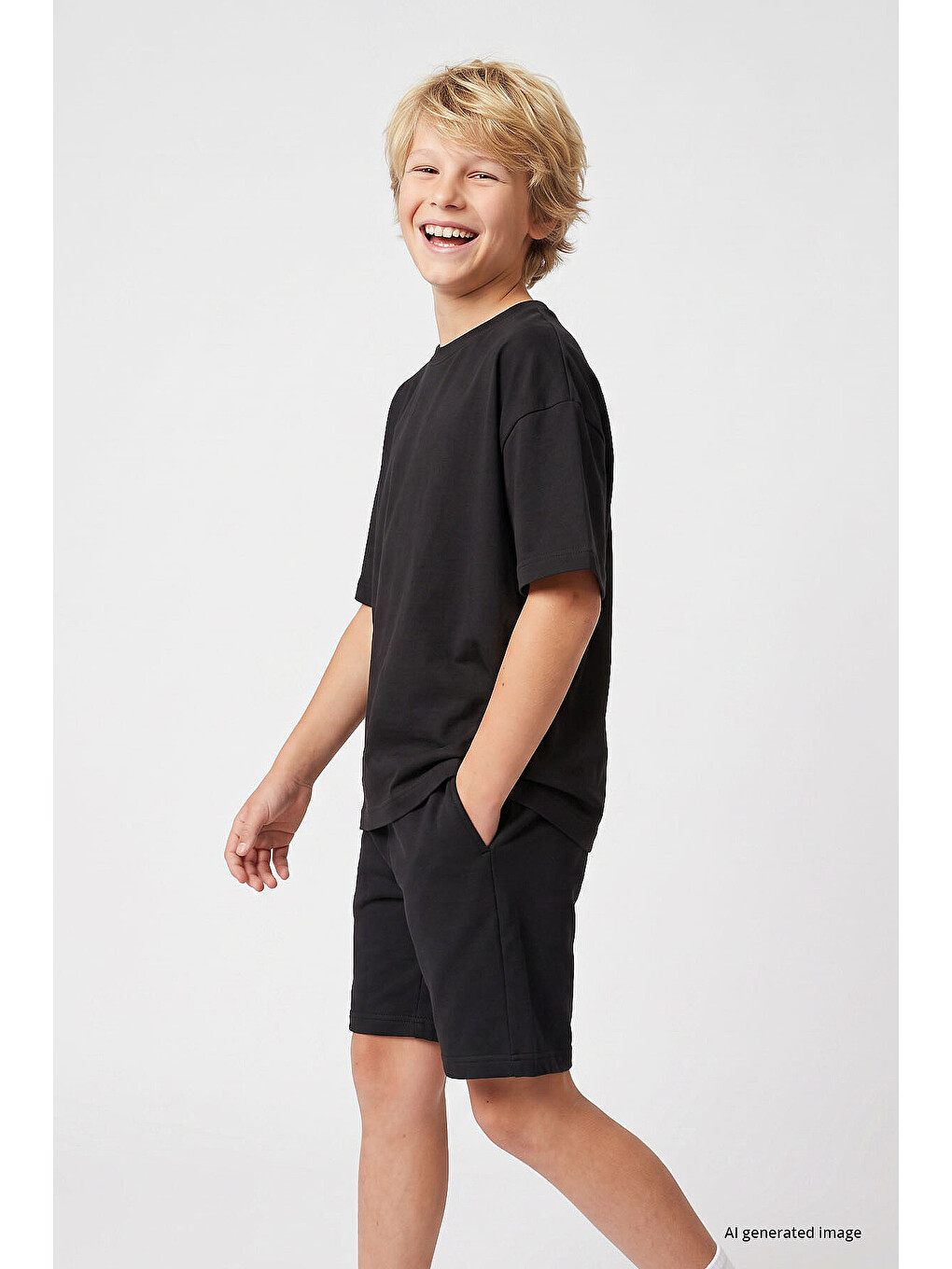 Siyah Oversize Fit Basic Erkek Çocuk Şort Takım - 11335-4