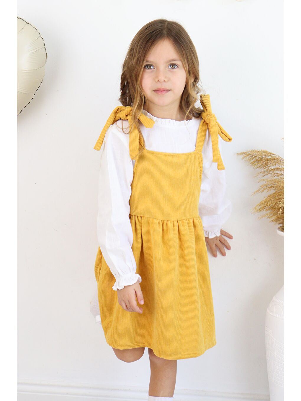 Sarı Fitilli Kadife Elbise İkili Takım-1