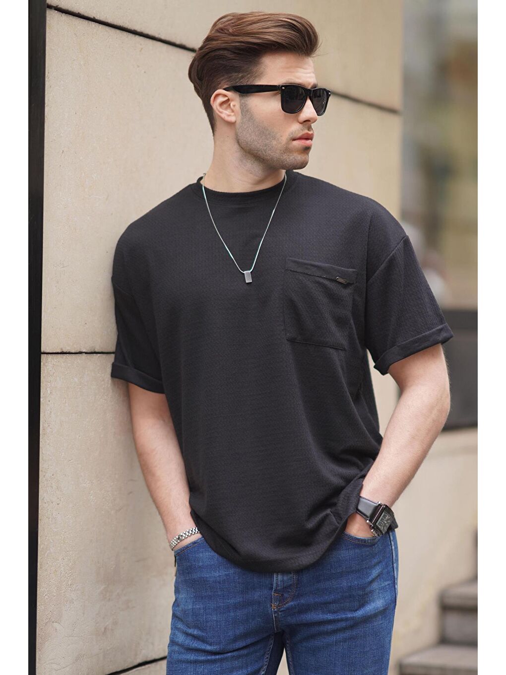 Siyah Erkek Cep Detaylı Oversize Tişört 6194