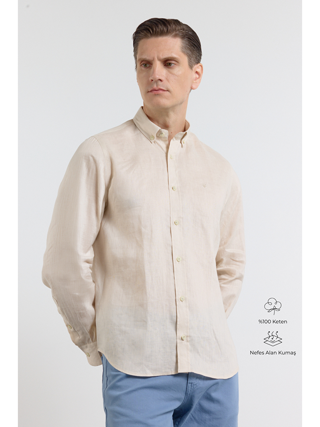 Bej Keten Düğmeli Yaka Uzun Kol Cepsiz Slim Fit %100 Keten Gömlek 1004260161