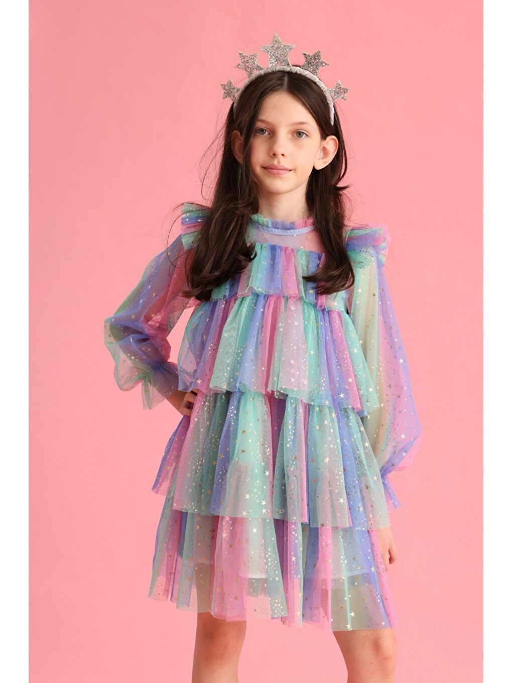 Karışık Çok Renkli Varak Yıldız Baskılı Katlı Kız Çocuk Elbise - Chloe-1