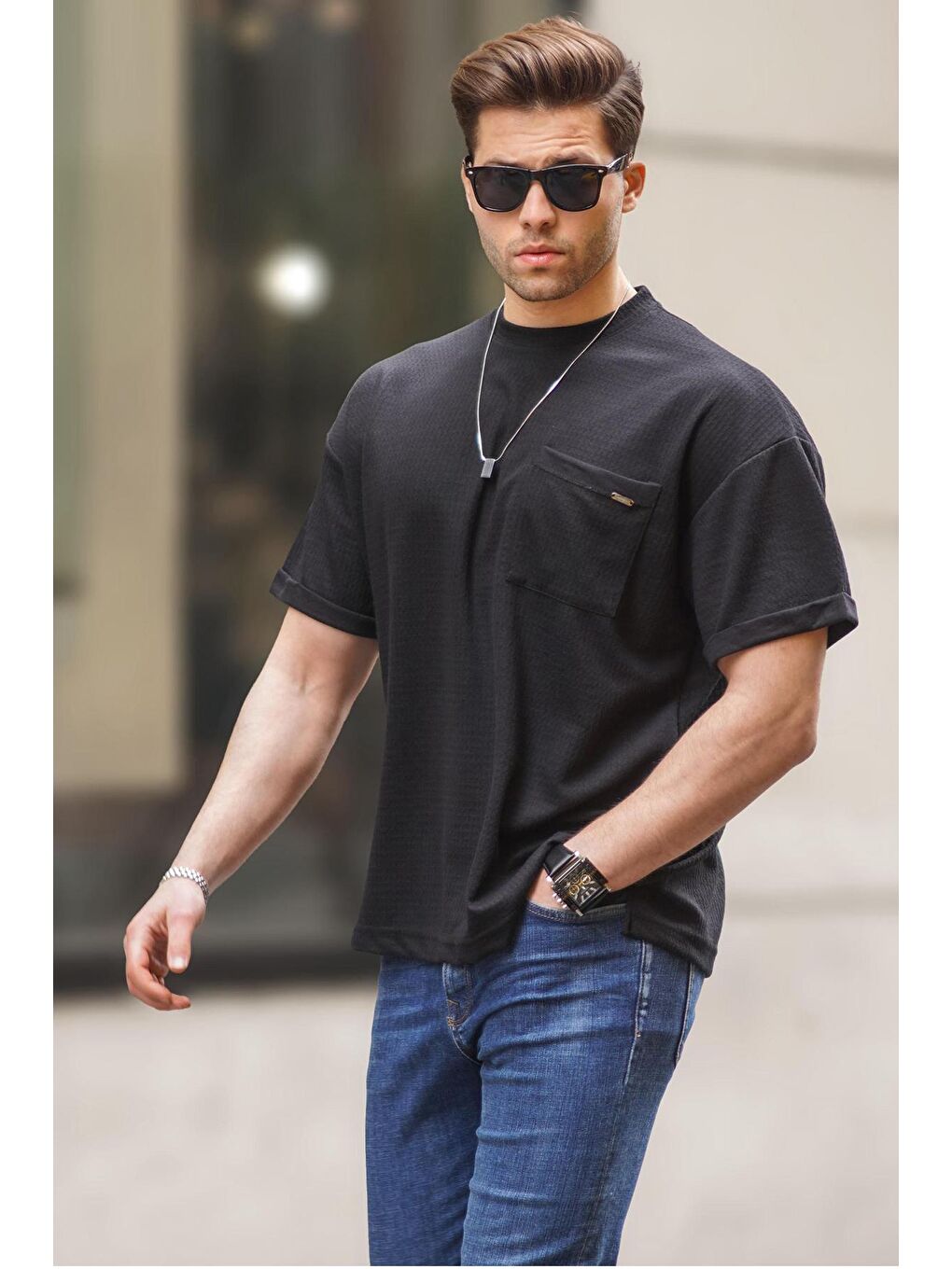 Siyah Erkek Cep Detaylı Oversize Tişört 6194-1
