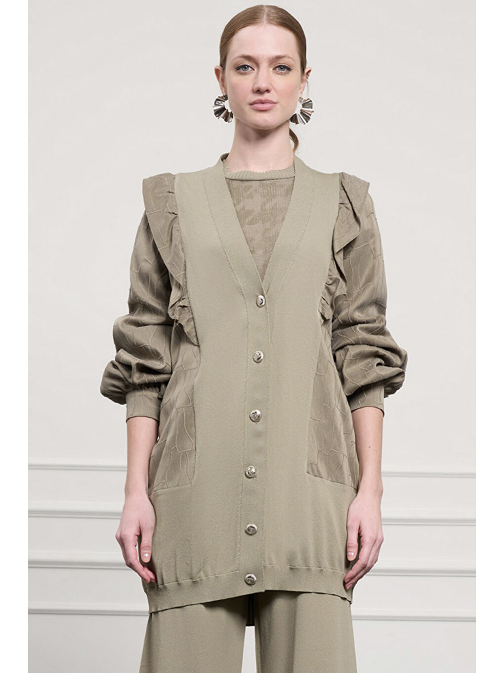 Yeşil Fırfır Detay Önü Düğmeli Hırka 6051 Kekik