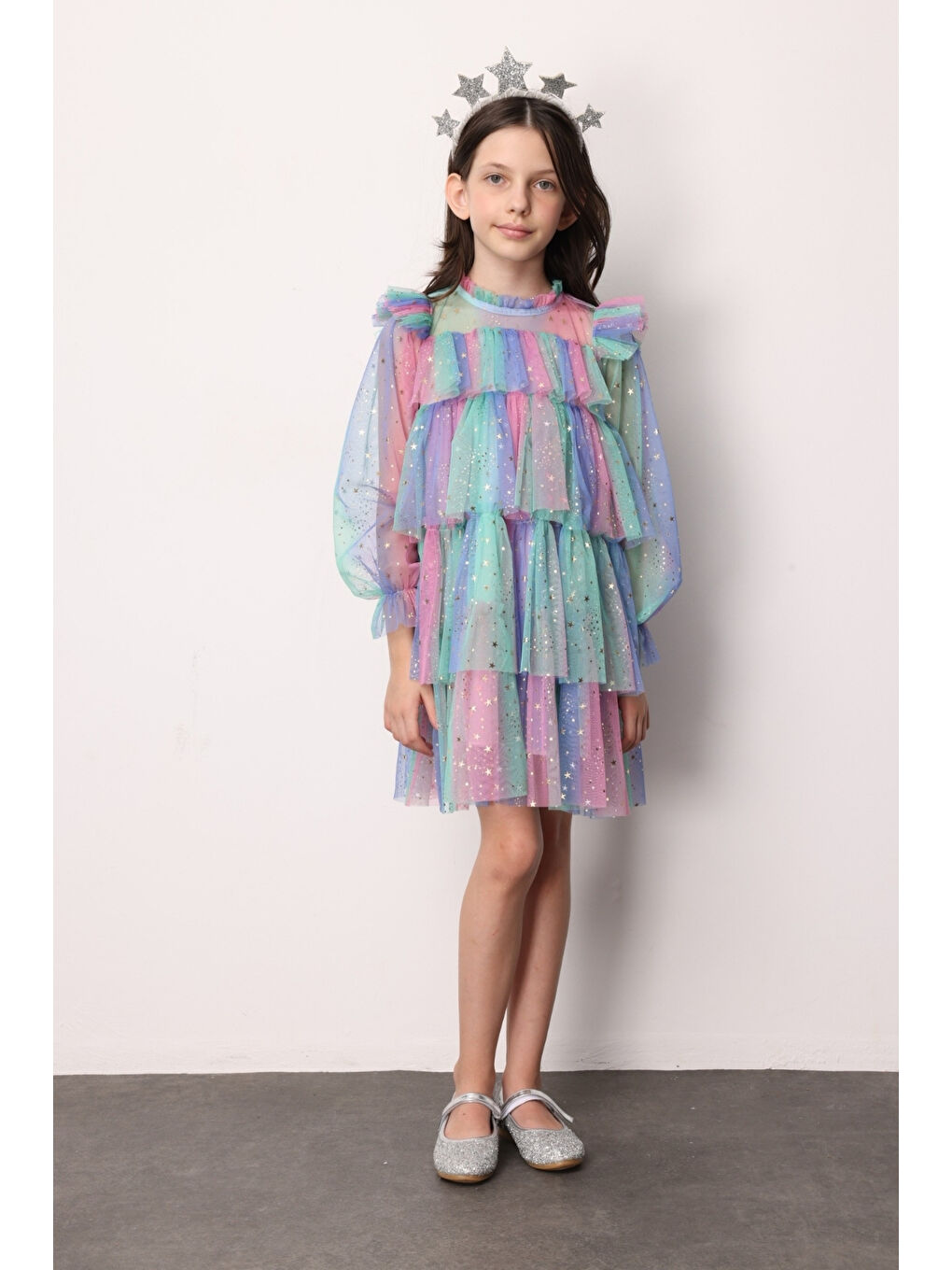 Karışık Çok Renkli Varak Yıldız Baskılı Katlı Kız Çocuk Elbise - Chloe-2