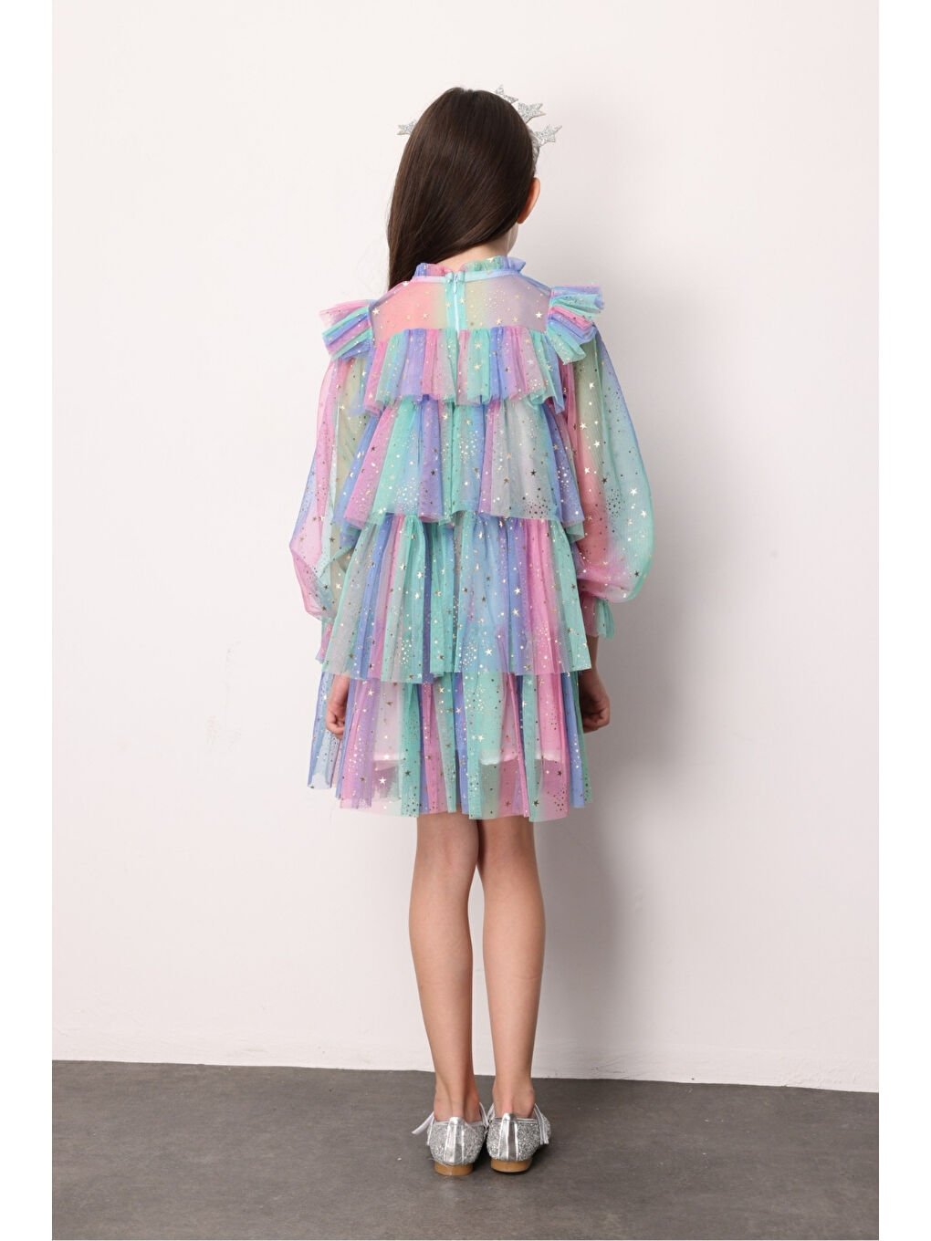 Karışık Çok Renkli Varak Yıldız Baskılı Katlı Kız Çocuk Elbise - Chloe-3