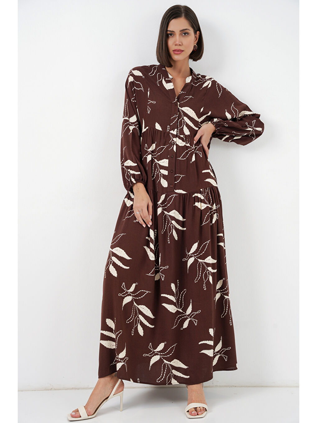 Kahverengi Kadın Desenli Uzun Tesettür Elbise 2585 - F.KAHVE