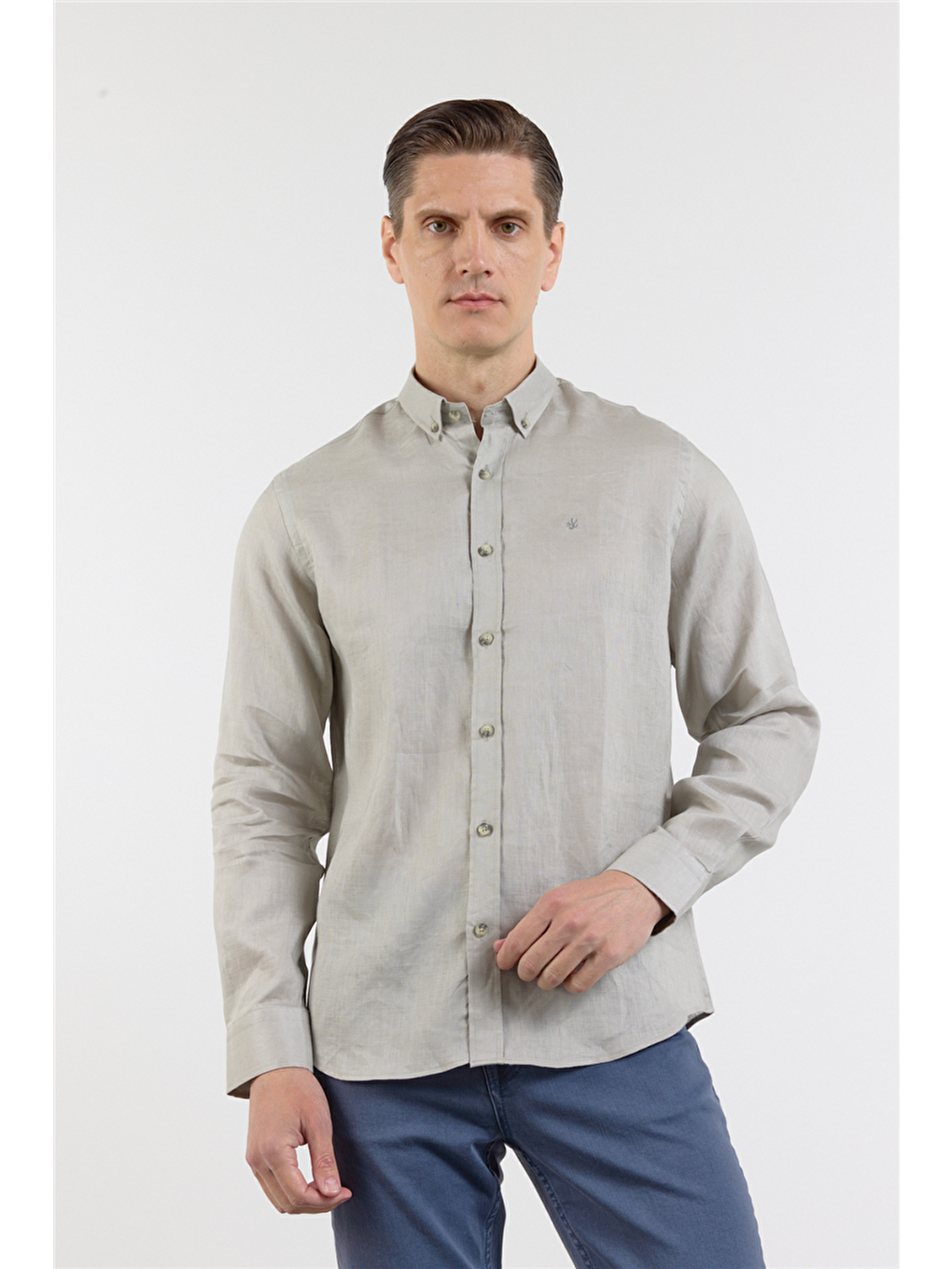 Bej Vizon Keten Düğmeli Yaka Uzun Kol Cepsiz Slim Fit %100 Keten Gömlek 1004260161-1