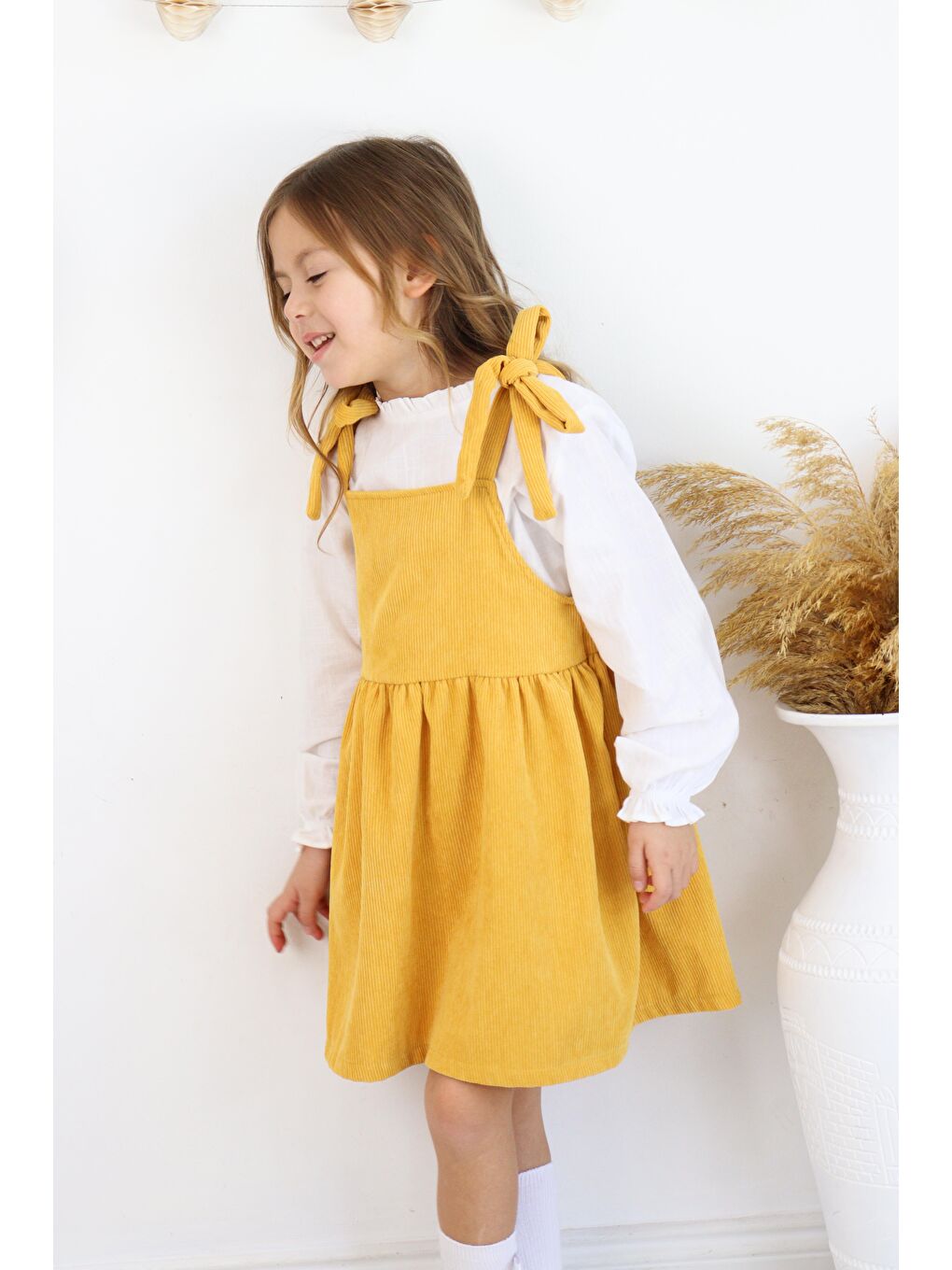 Sarı Fitilli Kadife Elbise İkili Takım-2